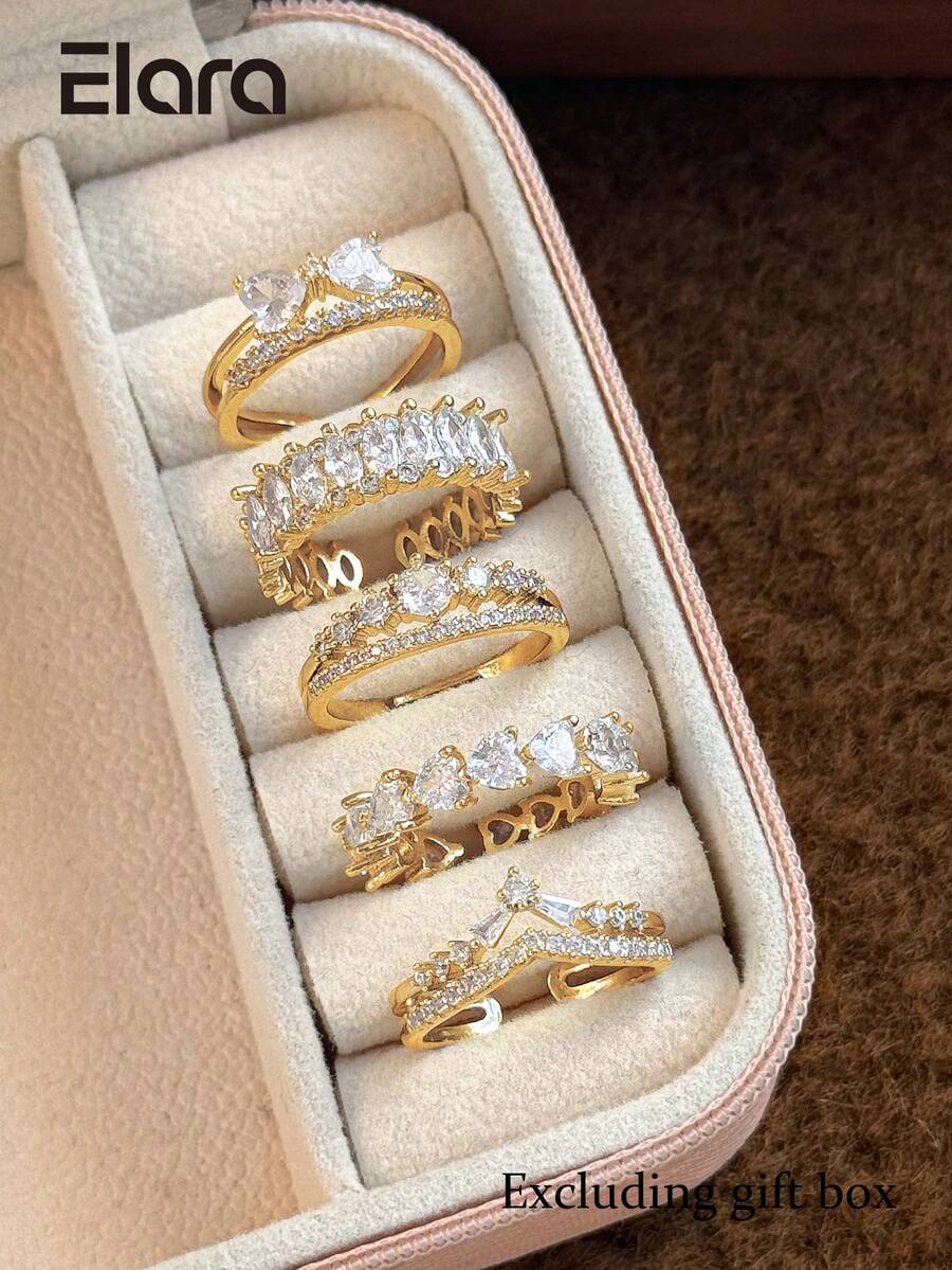 Juego de 5 anillos de cobre abiertos con circonita cúbica de moda, adecuado para mujeres, para bodas y fiestas (Caja de regalo no incluida)