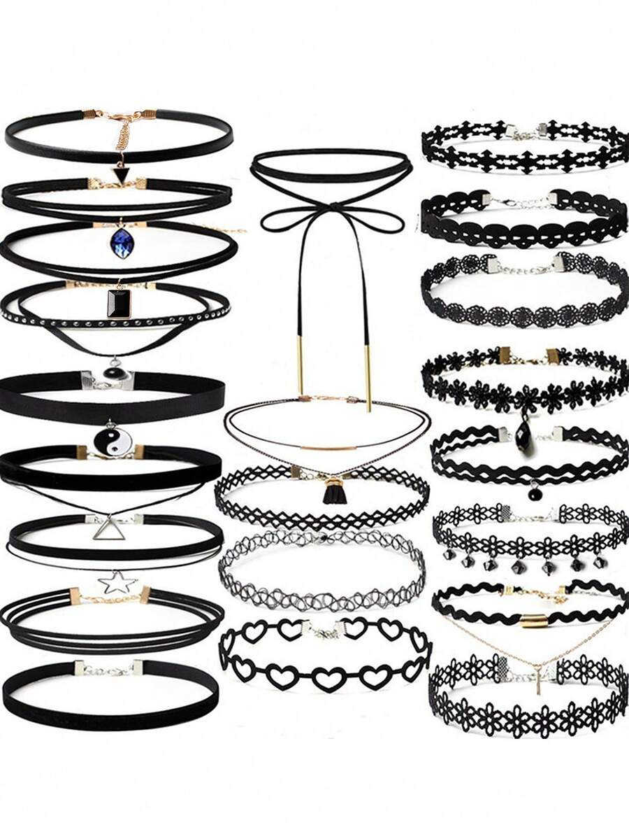 22pcs Black Choker Necklace Set For Women, Velvet Collar Set, Bohemian Vacation Style Lace Elastic Necklace Gift - Multicolor - View 1