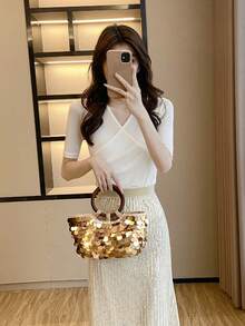 Sequin Ring Handle Evening Clutch, Shiny Sequins, Wooden Round Top Handle, Portable Handbag, Luxury Fashion Party Women's Style, Suitable For Weddings, Nightclubs, Outings - Gold - View 4