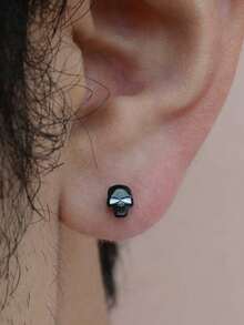1 Buah Anting Tengkorak Hitam Gaya Punk Gothic untuk Pria, Model Mini Datar Belakang, Tindik Tulang Rawan Helix Tengah, Anti Tragus, Conch, Cuping Tindik Lobe, Anting Tusuk, Hadiah Halloween 16G - Sepasang anting tengkorak bulat - View 3