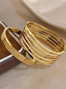18k Gold Plated Stainless Steel, 5-Layer Wavy Stainless Steel Gold Bracelet, Women's Bracelet, Stainless Steel Jewelry, Designer Jewelry, High-Quality Luxury Jewelry, Thick Bracelet, Gold Plated Jewelry, Suitable For Daily, Date, Party, Holiday Season, Back To School Season, Summer Jewelry, Beach Jewelry, Women's Beach Accessories, Birthday Gift, Girlfriend Gift, Mother Gift, Bohemian Jewelry - Multicolor - View 4