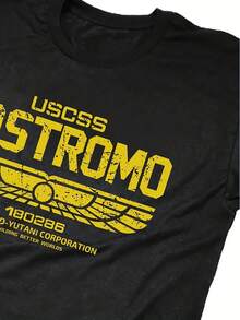 Camiseta Gráfica de Ciencia Ficción Negra para Hombre, Estampado USCSS Nostromo Weyland-Yutani, Estilo Retro Genial, Ropa Casual Urbana, Camiseta de Manga Corta con Cuello Redondo - Negro - Ver 1