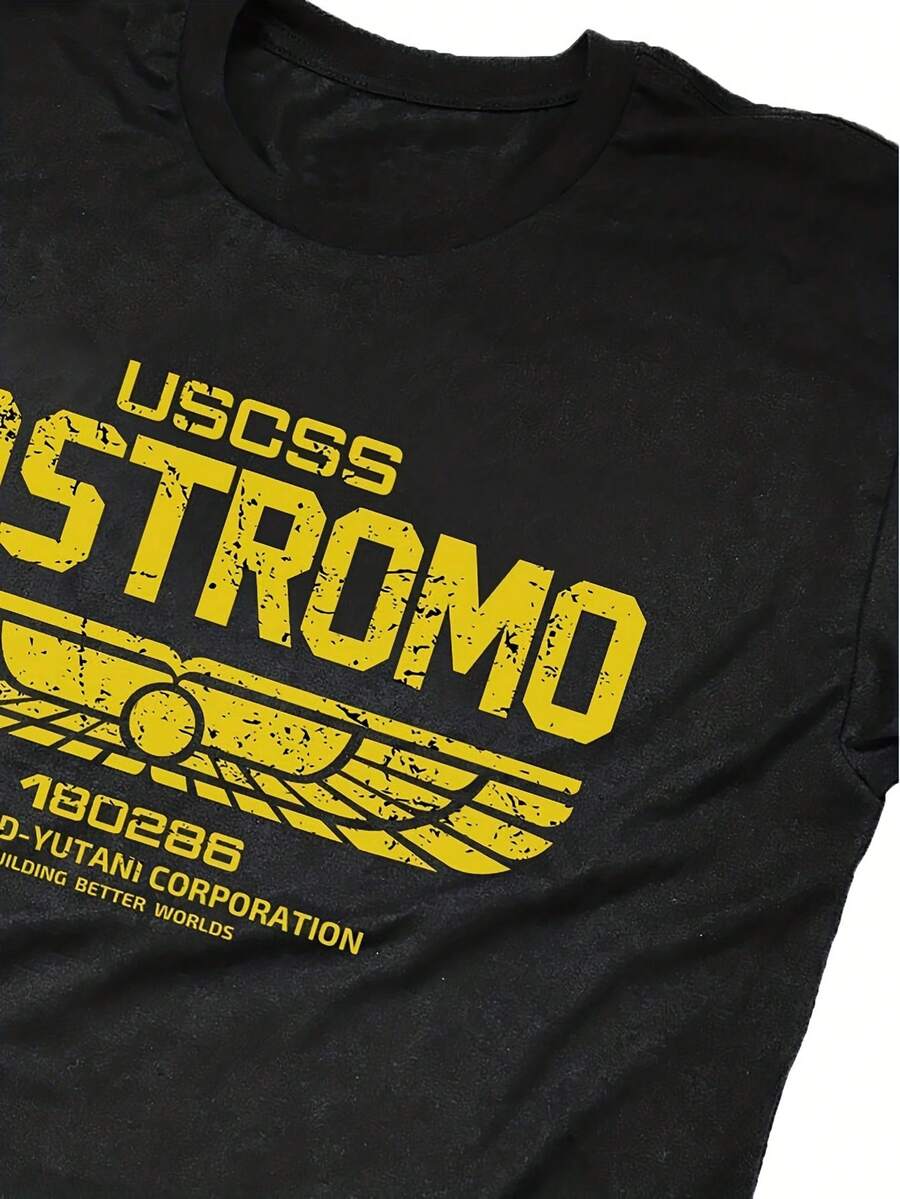 Camiseta Gráfica de Ciencia Ficción Negra para Hombre, Estampado USCSS Nostromo Weyland-Yutani, Estilo Retro Genial, Ropa Casual Urbana, Camiseta de Manga Corta con Cuello Redondo - Negro - Ver 1