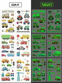 6 Lembar Stiker Tato Temporer Bercahaya dalam Gelap Bergambar Ekskavator & 57 Kendaraan Konstruksi, Set Tato Anak untuk Pesta Ulang Tahun, Hadiah Natal, Acara Liburan - MultiWarna - View 5