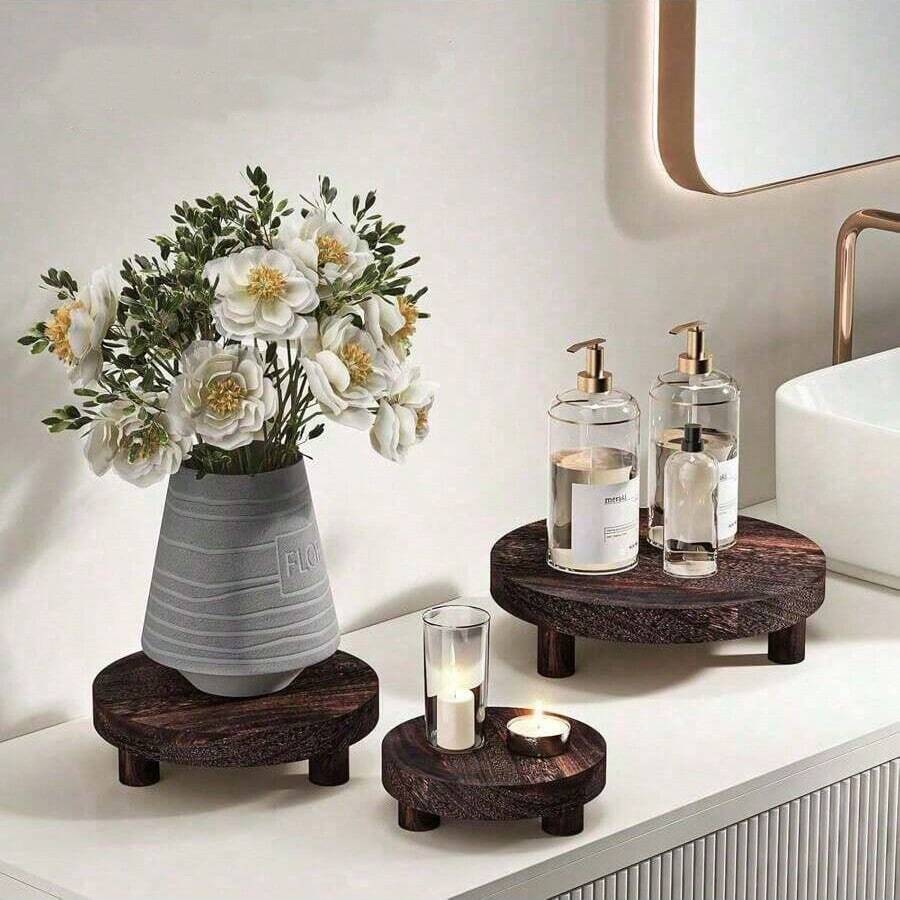 1pc/Set Round Wooden Tray, Multi-Purpose Wooden Candle Holder, Kitchen Fruit Tray, Bathroom Storage Tray, Christmas - 1pcs-brown - View 1