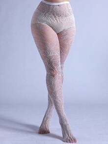 1pair Plus Size Women Fishnet Patterned Tights, Leaf Cutout Leggings, Sexy & Fashionable, Suitable For Party, Home, Office, All-Match, White - Multicolor - View 7