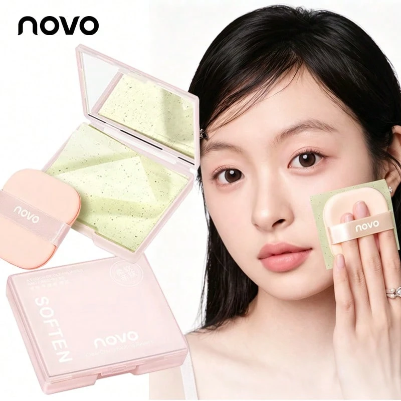NOVO 1/2pcs Portable Oil Blotting Sheets, Easy To Carry, Green Facial Oil Absorbing Paper With Mirror And Powder Puff, Suitable For All Skin Types, Unisex Skincare Tool, Travel Essential, Self-Care, Facial Care