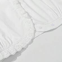 Women's Casual Colorblock Button-Up Short Shirt, Long Sleeve Curved Hem Top, White - White - View 7