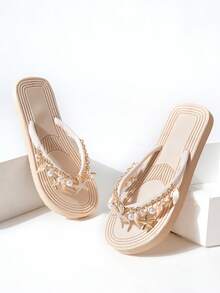Women's Wide Fit Flat Flip Flop Sandals, Soft Sole, Decorated With Natural Shells, Starfish And Faux Pearl Charms, Casual Soft Summer Beach Style - Beige - View 7