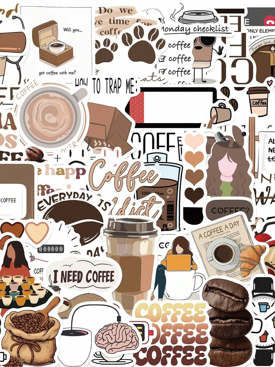 50pcs INS Style Coffee Aesthetic Art Stickers, Cartoon Stickers For Stationery, Phone, Notebook Decoration - A - View 1