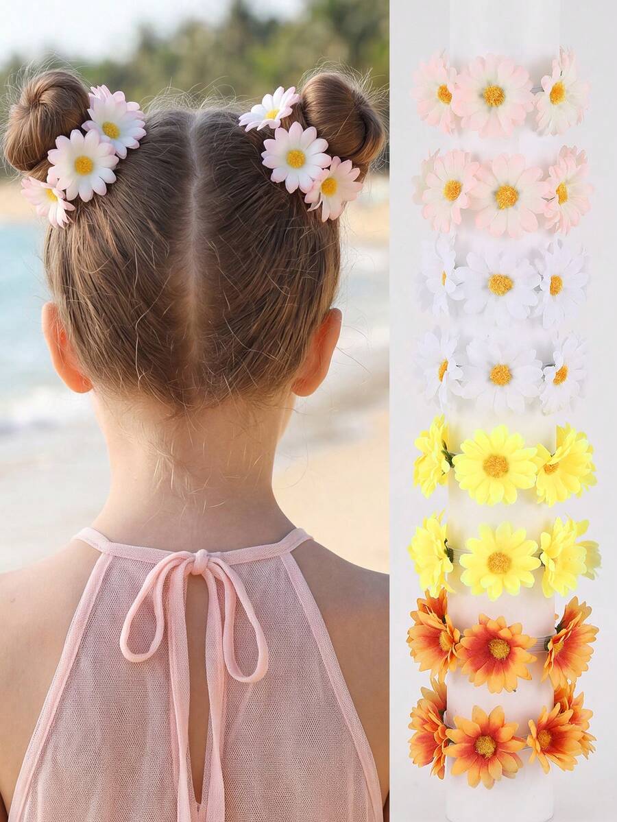 2pcs/8pcs Girls Daisy Flower Hair Scrunchies Suitable For Daily Wear - Multicolor - View 1