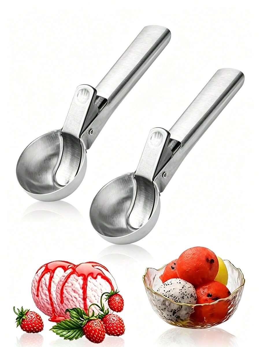1 Peça Colher de Sorvete de Aço Inoxidável de Uso Duplo, Colher de Sorvete Multifuncional, Com Gatilho e Cabo Confortável, Pode Ser Limpa na Máquina de Lavar Louça, Adequada para Sorvete, Iogurte Congelado, Sundae, Frutas, Bolo, Bolinhos de Arroz e Carne, Utensílios de Cozinha - Multicolorido - Visão 1