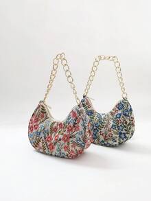 LJDCRFT Elegant Vintage Floral Crescent Underarm Bag With A Chunky Gold Chain, Suitable For Weddings, Dates, Vacations, And Daily Wear. - Blue - View 8