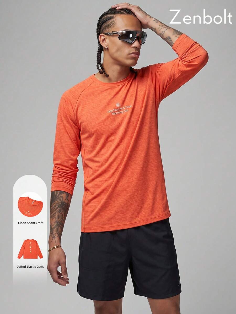 Zenbolt Men's Crew Neck Long Sleeve Top, Raglan Sleeve Cut, Chest Slogan Letter Print,Heather Soft Fabric, Slim Fit For Daily Casual Matching - Red - View 1