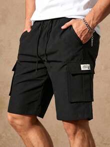 Men's Loose Drawstring Waist Cargo Shorts With Flap Pockets, Black - Black - View 1