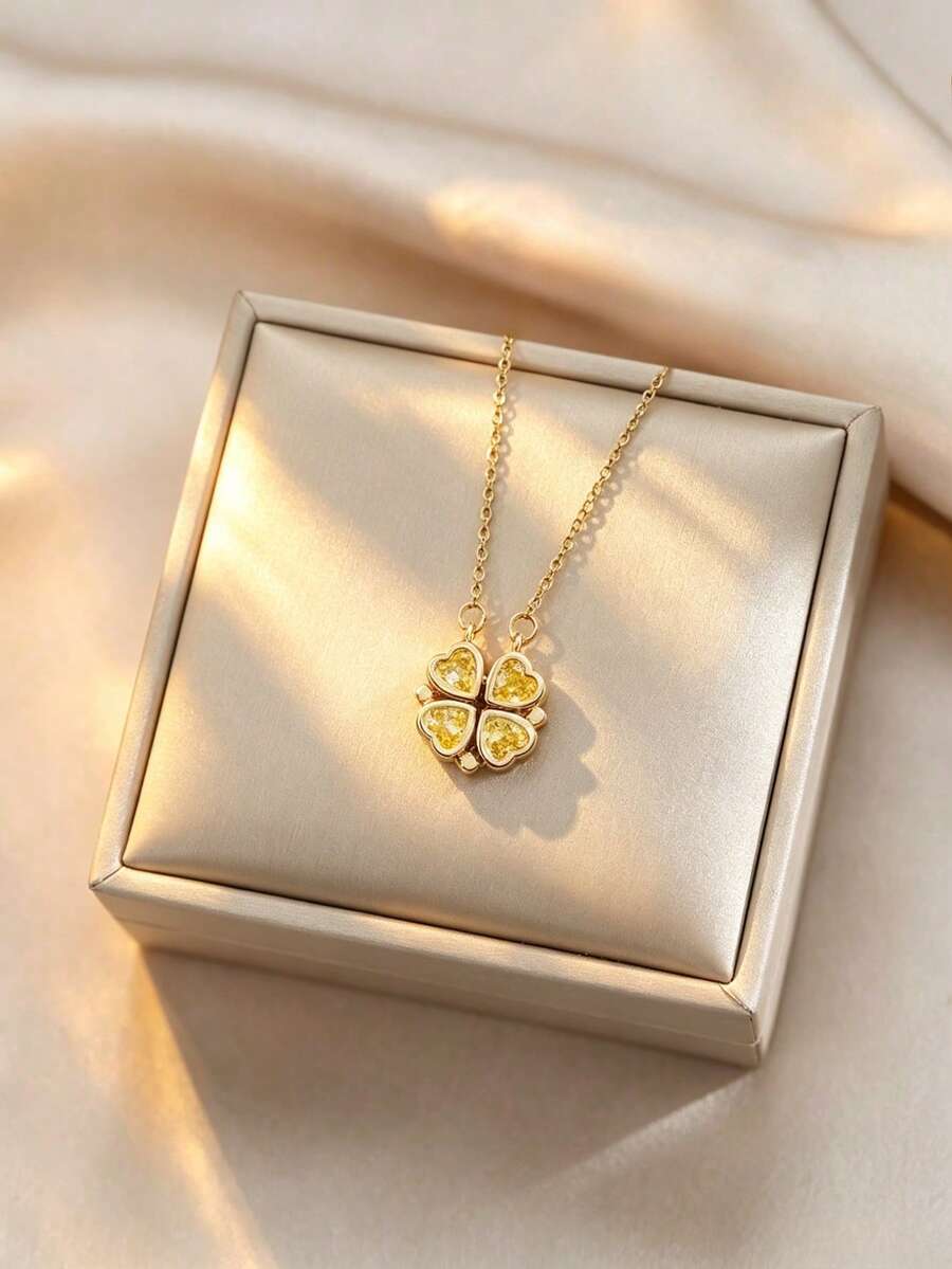 1 pieza Collar con colgante de corazón y trébol de acero inoxidable para mujeres, diseño creativo, minimalista, personalizado, de moda, adecuado para el Día de San Valentín, Acción de Gracias, Navidad, uso diario, fiestas, vacaciones, regalo, opción asequible (embalaje en bolsa OPP, caja solo para fotografía) - Amarillo Oro - Ver 1
