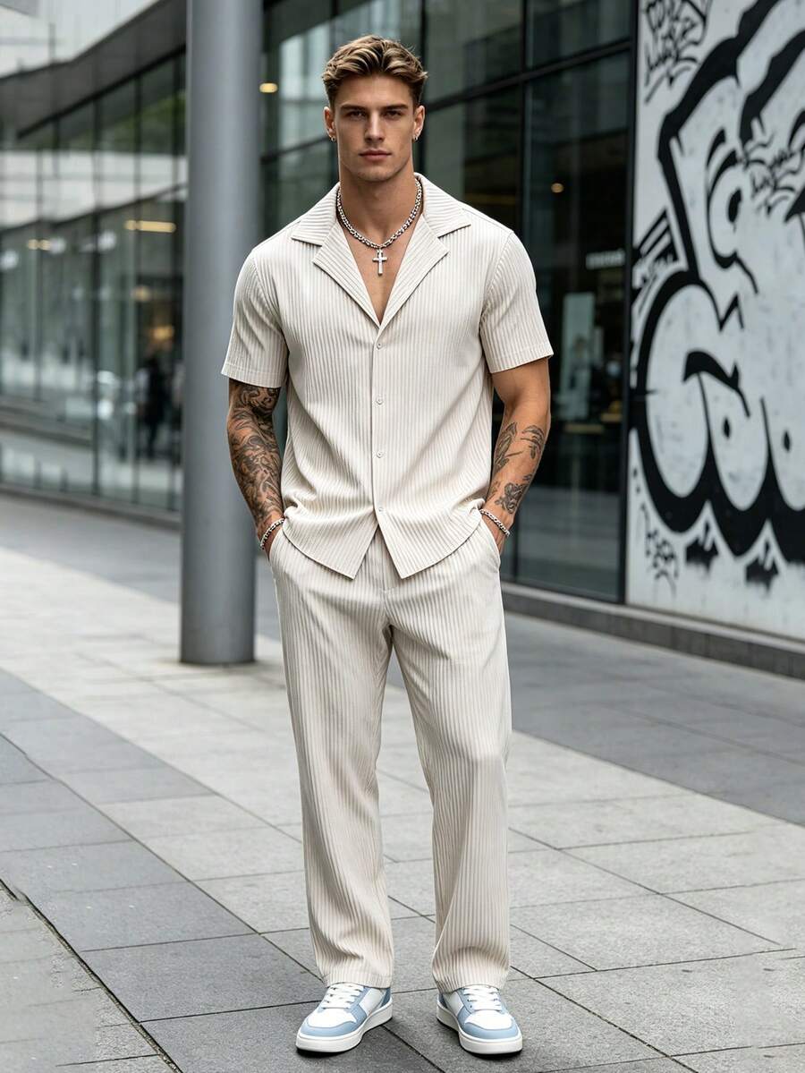 Men's Summer Solid Color Short Sleeve Shirt And Long Pants Casual 2-Piece Set, Turn Collar Button-Up Streetwear Style - Khaki - View 1