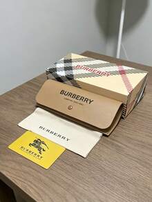 1pc Burberry Hard Artificial Leather Eyeglass Case, Fashion Eyeglass Case With Cleaning Cloth Gift Box Set - Khaki - View 6