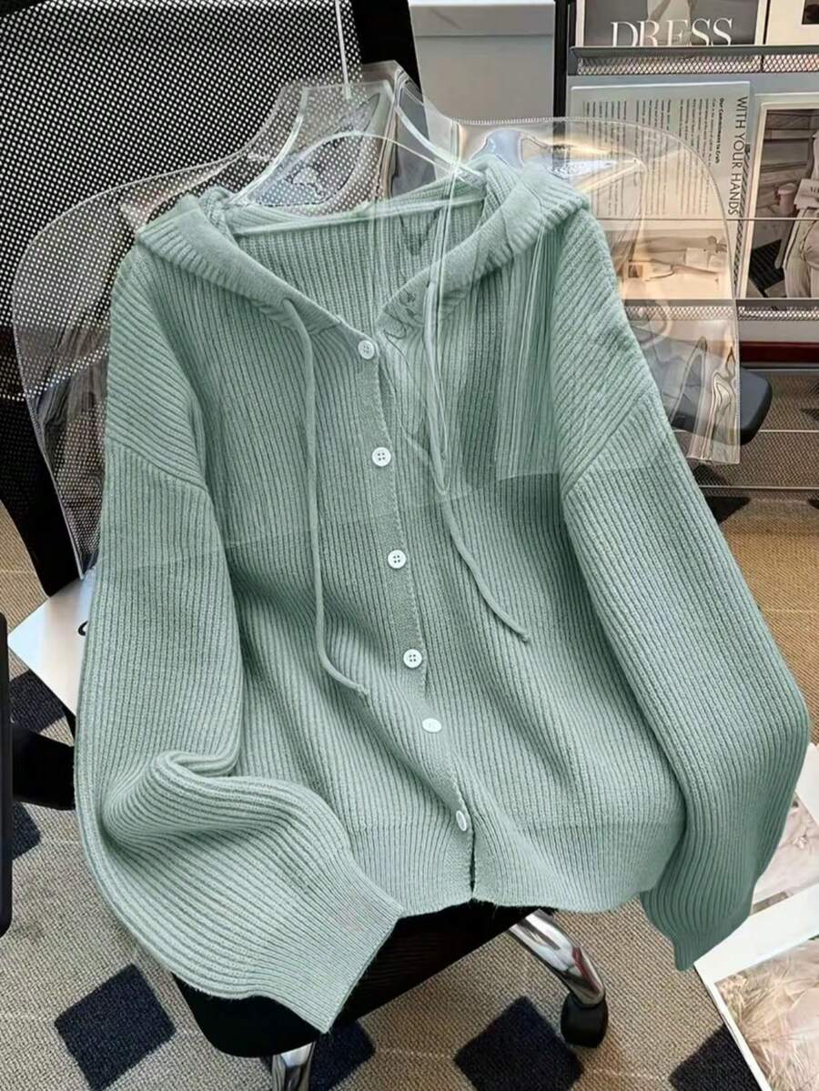 Women's Long Sleeve Ribbed Knit Cardigan With Hood, Regular Fit Button-Up Sweater, Suitable For Autumn/Winter Wear - Mint Green - View 1