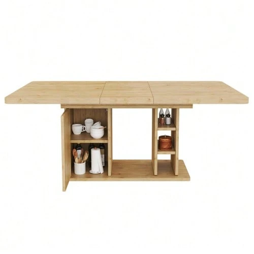 Extendable Dining Table 140/180 * 80 Cm, Suitable For 6-8 People, With Storage Space, Thickened Tabletop, Extendable Dining Table In Scandinavian Style, Oak Color - 駝色 - 查看 1