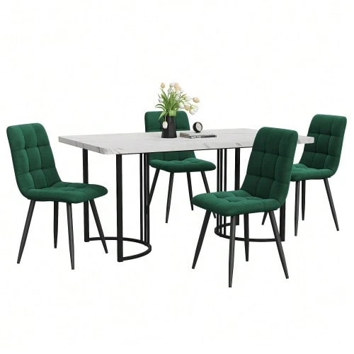 Dining Set (5-Piece), Dining Table With 4 Chairs, Modern Kitchen Table Set, 140*80cm Kitchen Table With Black Metal Legs, White MDF Tabletop, Dark Green Velvet Dining Chairs - White - View 1