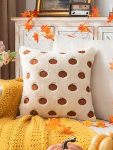 Homemorelove 1/2pcs PV Velvet Small Pumpkin Embroidered Pillow Case, Autumn Decor, Thanksgiving, Halloween Atmosphere Home Decoration Throw Pillow, Suitable For Living Room, Bedroom, Sofa, Pillow Insert Not Included - Off-white Rabbit Fur Dark Brown - View 8