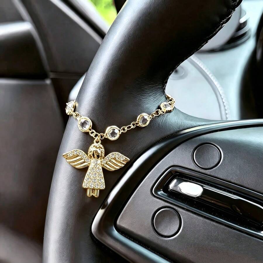 1pc Shiny Rhinestone Guardian Angel Car Steering Wheel Decor, Car Rearview Mirror Hanging Ornament, Sparkling Crystal Inlaid, Fashionable Exquisite Elegant Car Interior Decoration, Protects Your Every Journey, Bag & Key Pendant - A - View 1