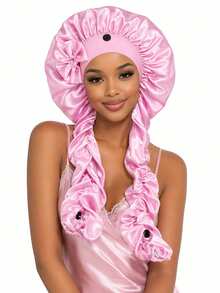 Bow Decor Long Pleated Tail Satin Sleep Cap, Adjustable Button Silk Hair Bonnet, Suitable For Curly And Braided Hair, Anti-Frizz Hair Protection Sleep Cap - Multicolor - View 3