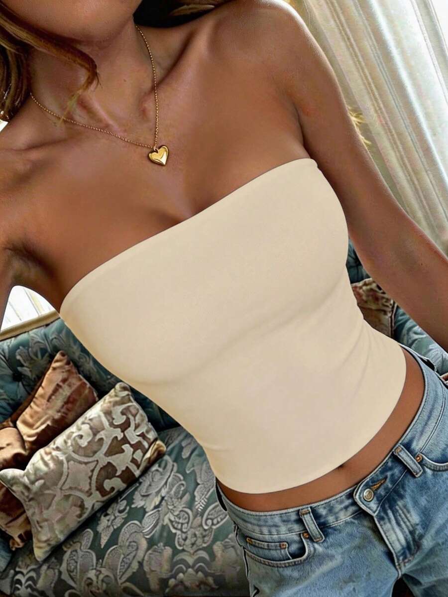 女款夏季性感辣妹休閒百搭 Y2K 風格抹胸上衣 - 杏色 - 查看 1