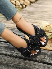 Srendia Dép xỏ ngón nữ mùa hè nơ mới, dép đi trong nhà chống trượt, sandal thời trang đế bệt xỏ chân cho đi biển du lịch - Nơ in họa tiết viền trắng - Xem 3
