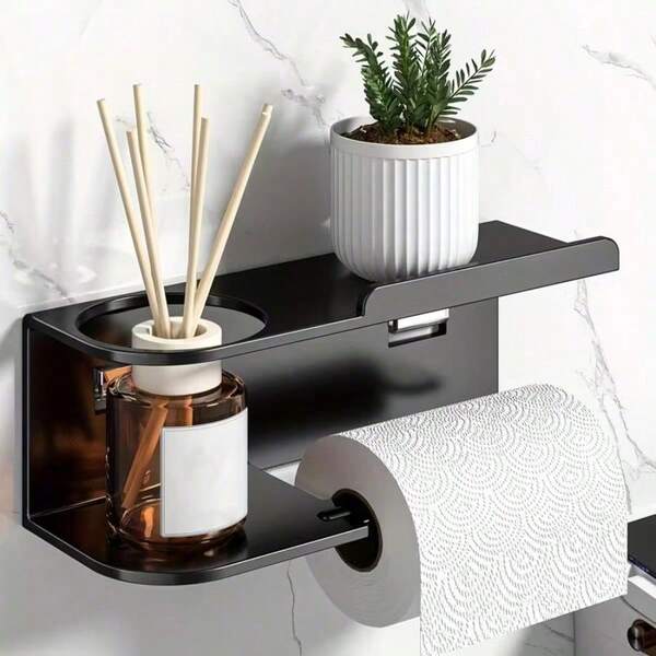 Punch-Free Wall Mount Toilet Paper Holder With Storage Shelf, Multi-Layer Bathroom Tissue Rack, Small Item Organizer For Phone Skincare Plant, Space Saving Decor Storage For Restroom, Shower Room & Washroom