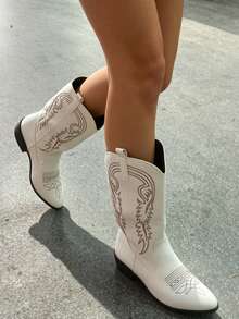 Elegant Fashionable Slip-On White Embroidered Western Boots, Stylish Mid-Calf Flat Riding Boots For Women, Autumn/Winter - White - View 6
