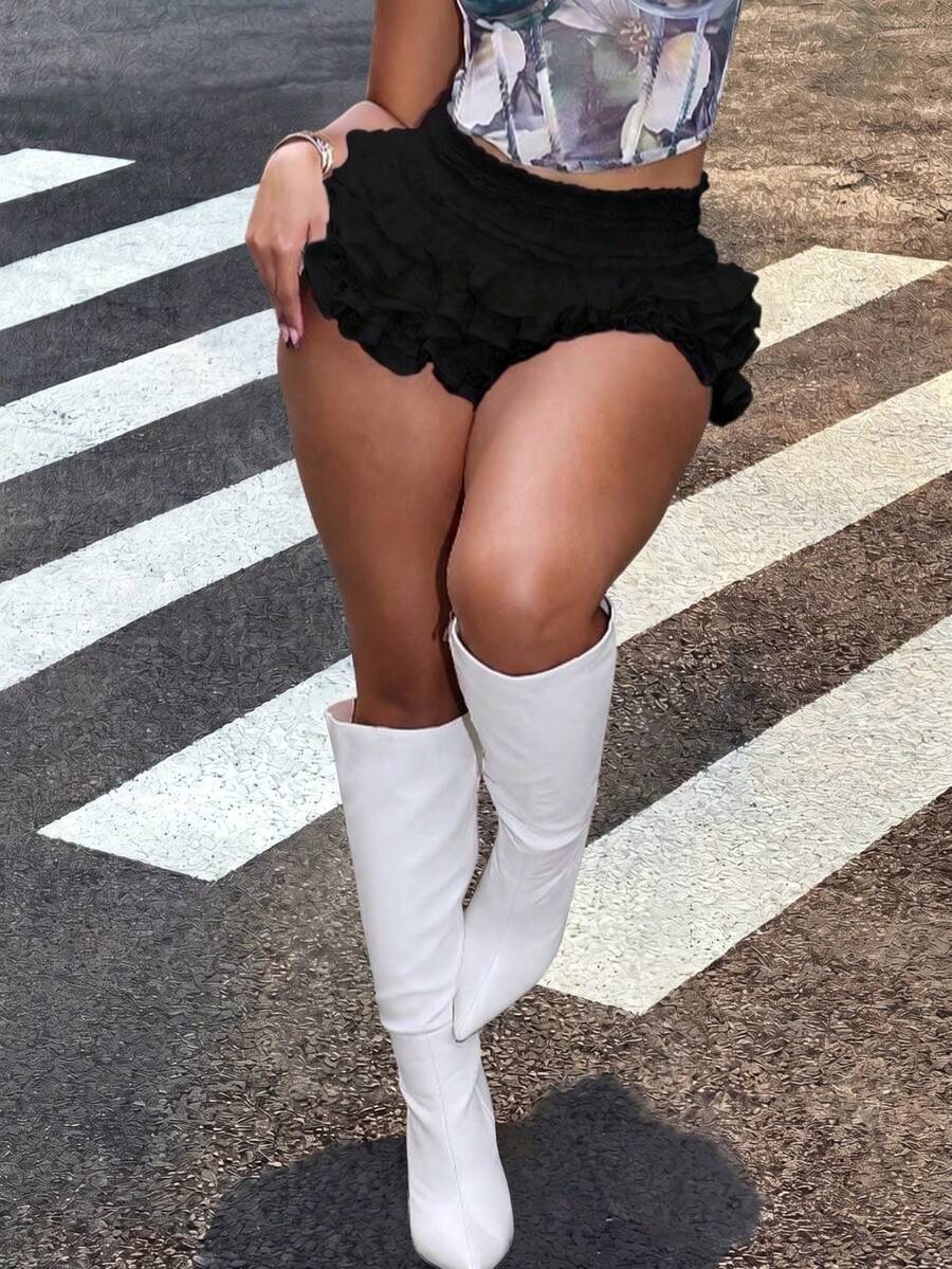 Solid Color Comfortable Ruffled Mini Skirt Shorts, Versatile Hot Pants, Sexy Clubwear Black Summer - Black - View 1