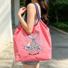 1pc New Embroidered Fish Tail Pattern Storage Nylon Large Capacity Foldable Shopping Bag Commuter Beach Party Women's Shoulder Crossover Tote Bag - Multicolor - View 4