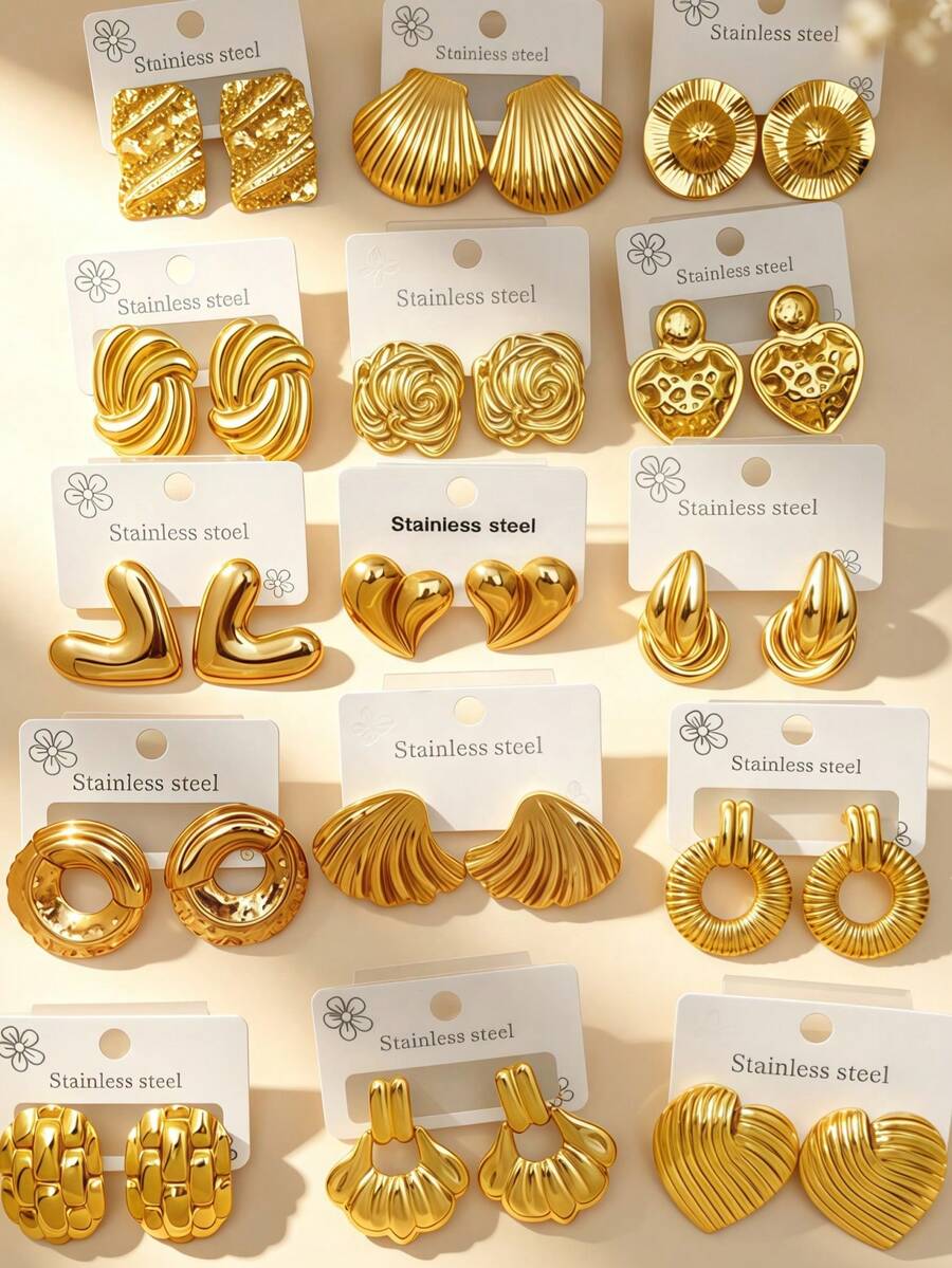 12/9/6 Sets, Fashionable Women's Accessories, Elegant Stainless Steel Hypoallergenic Earrings - Includes Various Geometric Patterns, Diverse Styles, Suitable For Daily Wear Or As Gifts. Valentine's Day Essential Accessories/Elegant Earrings/Durable Earrings, Randomly Packaged. Winter And Christmas Fashion Earrings. Elegant Earrings, Earrings, Accessories, Daily, Vacation, Mother's Day (Randomly Sent) - Gold Sequin Set - View 1