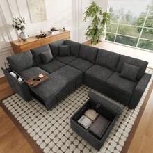 Sofá esquinero XXL en forma de L para 7 personas, extensible y convertible en cama con función de descanso. - Gris - Ver 2
