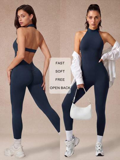 Women's Premium Minimalist One-Piece Yoga Leggings, Halter Neck Backless Design Navy Blue Sleeveless Tight-Fitting Pants, Elastic Waist Tummy Control Slimming One-Piece Fitness Pants, Elegant Yoga Wear, Pilates, Dance, Fashionable Sports Jumpsuit, Autumn/Spring/Autumn/Winter