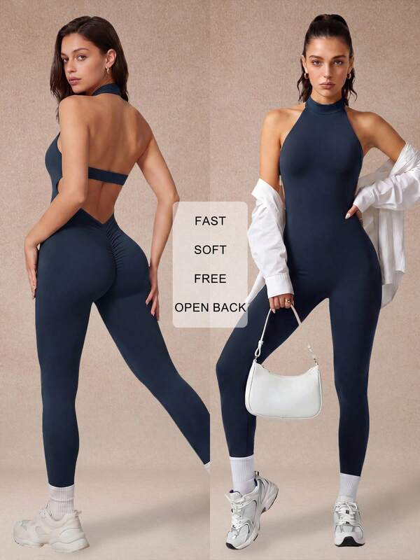 Leggings de yoga de una pieza premium minimalista para mujer, diseño de cuello halter sin espalda, pantalones ajustados sin mangas en azul marino, cintura elástica con control de abdomen y efecto adelgazante, pantalones de fitness de una pieza, ropa de yoga elegante, pilates, danza, mono deportivo de moda, otoño/primavera/otoño/invierno