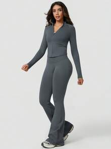 NcmRyu One Set Women's Seamless Ribbed Zipper Mock Neck Long Sleeve Flare Leggings Sports Set - Dark Grey - View 7