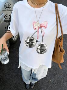 Disco Cherry Print, Women's Crew-Neck Oversized T-Shirt, Summer Holidays, Travel And The Beach, Casual, Sporty And Elegant - White - View 2