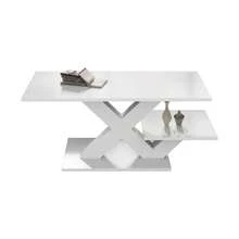 White Rectangular Coffee Table, Double Tabletop, Glossy Finish, Side Table, Sofa Table, Living Room Table Made Of MDF, Geometric X-Shaped Legs, Load Capacity Up To 10 Kg, 100x48x45cm - White - View 6