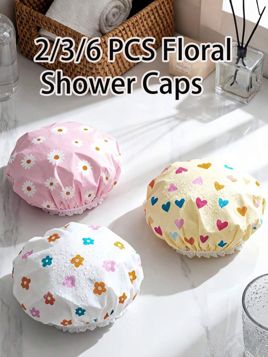 1/2/3/6 Pcs Floral Heart Print Double Layer Waterproof Hair Bonnet Elastic Adjustable Oil Resistant Soft Skin Multifunctional Cap For Skincare Makeup Cooking Hair Drying Washing Bathroom Dorm Travel Back To School Portable Adult Hair Protector - Multicolor - View 1
