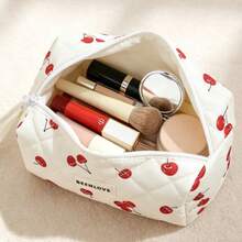 Kawaii Red Cherry Print Quilted Makeup Bag, Soft Large Capacity Portable Zipper Cosmetic Pouch, Waterproof Travel Toiletry Storage Bag For Women Girls Daily Trip & Stationery Use - Multicolor - View 2