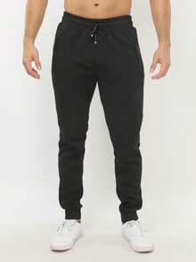 Calça de moletom preta básica casual masculina, com bolsos com zíper e cordão, em tecido levemente elástico. - Preto - Visão 2