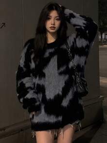 女士不对称拼色毛绒落肩超大毛衣 - 黑色 - 查看 10