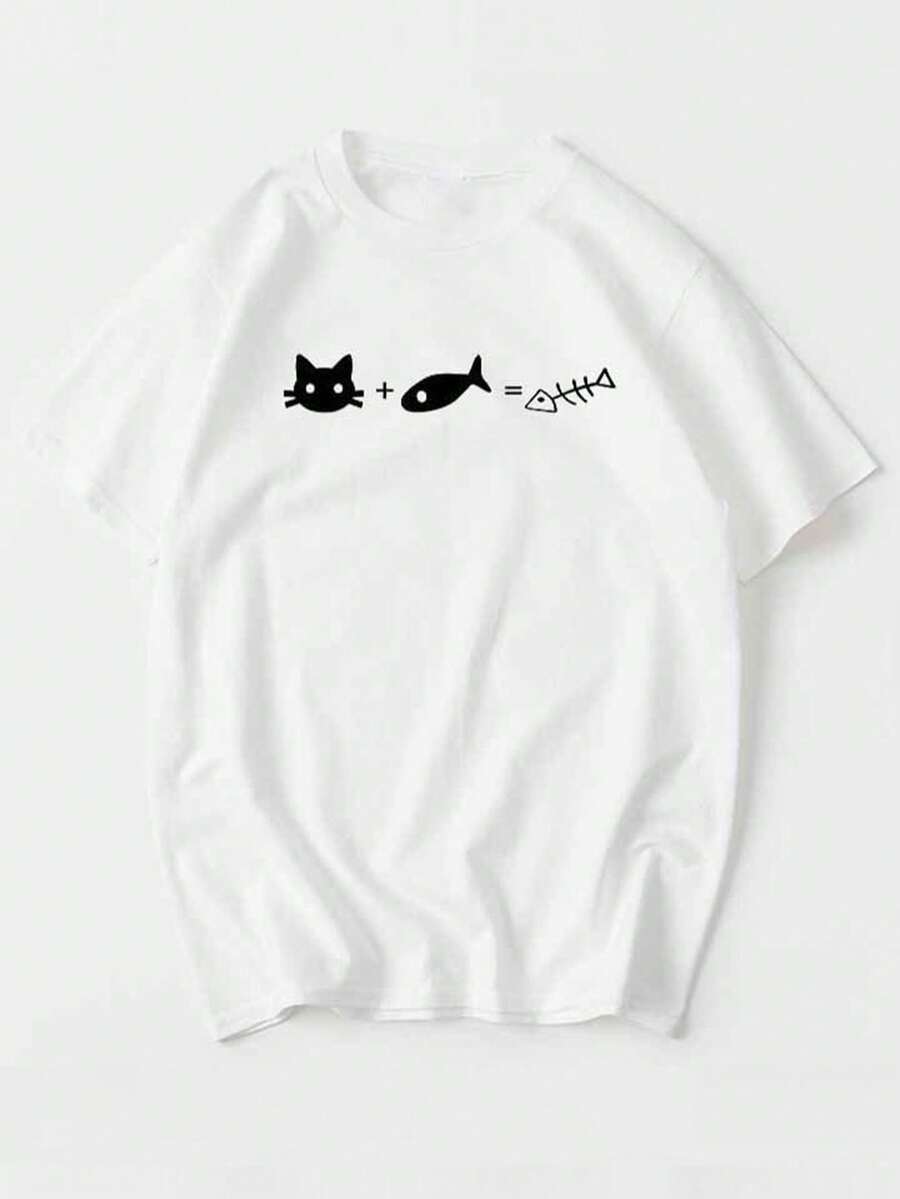 Funny Cat Math Formula T-Shirt - Short-Sleeved Cotton T-Shirt With Feline Comparisons, Perfect For Pet Owners Men's Summer Clothing - 白色 - 查看 1