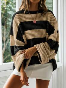 Women's Plus Size Striped Knit Pullover Sweater, Loose Long Sleeve Drop Shoulder Ribbed Crew Neck Top, Autumn Essential - Black and Khaki - View 4