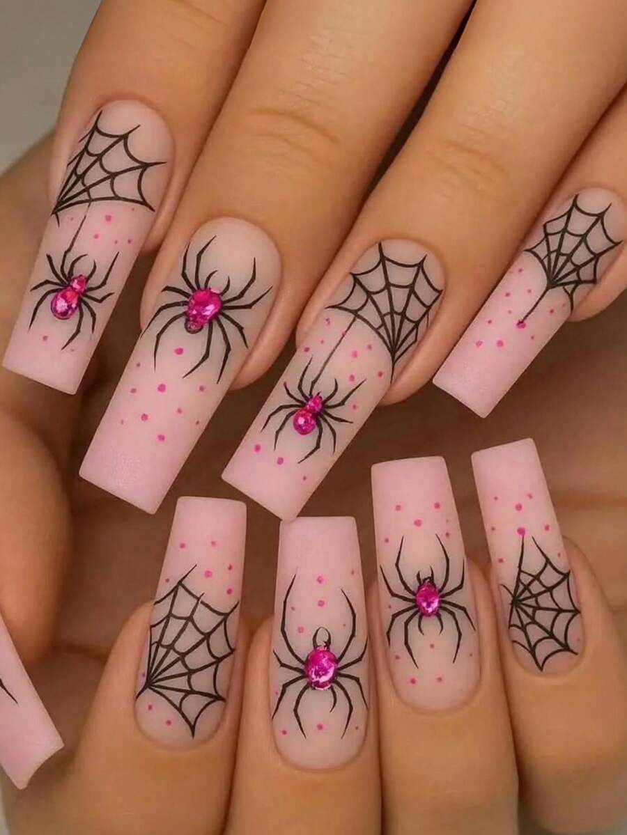 24pcs Halloween Press-On Nails, Matte Pink Rhinestone Spider Web Design, Y2K Style Square Long Fake Nails, Manicure Nail Tips - Pink - View 1