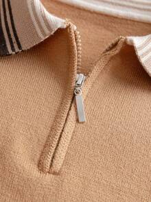 Boys' College Style Colorblock Striped Polo Collar Half-Zip Long Sleeve Sweater Knit Pullover, Casual Versatile For Daily Wear, School, Spring, Autumn, Winter - Brown - View 4