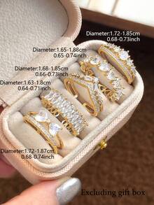 Juego de 5 anillos de cobre abiertos con circonita cúbica de moda, adecuado para mujeres, para bodas y fiestas (Caja de regalo no incluida) - Amarillo Oro - Ver 4